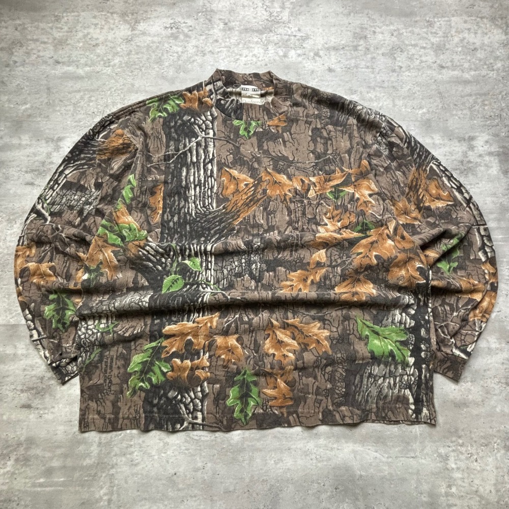 Jerzees Shirt Large Brown Vintage Outdoors Camo Long Sleeve Pocket Tee USA